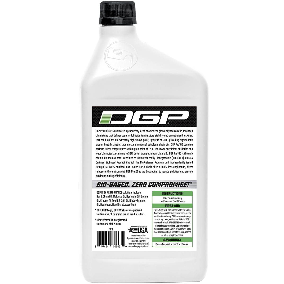 DGP Pro100 biodegradable bar oil on chainsaw in action reduces sling.
