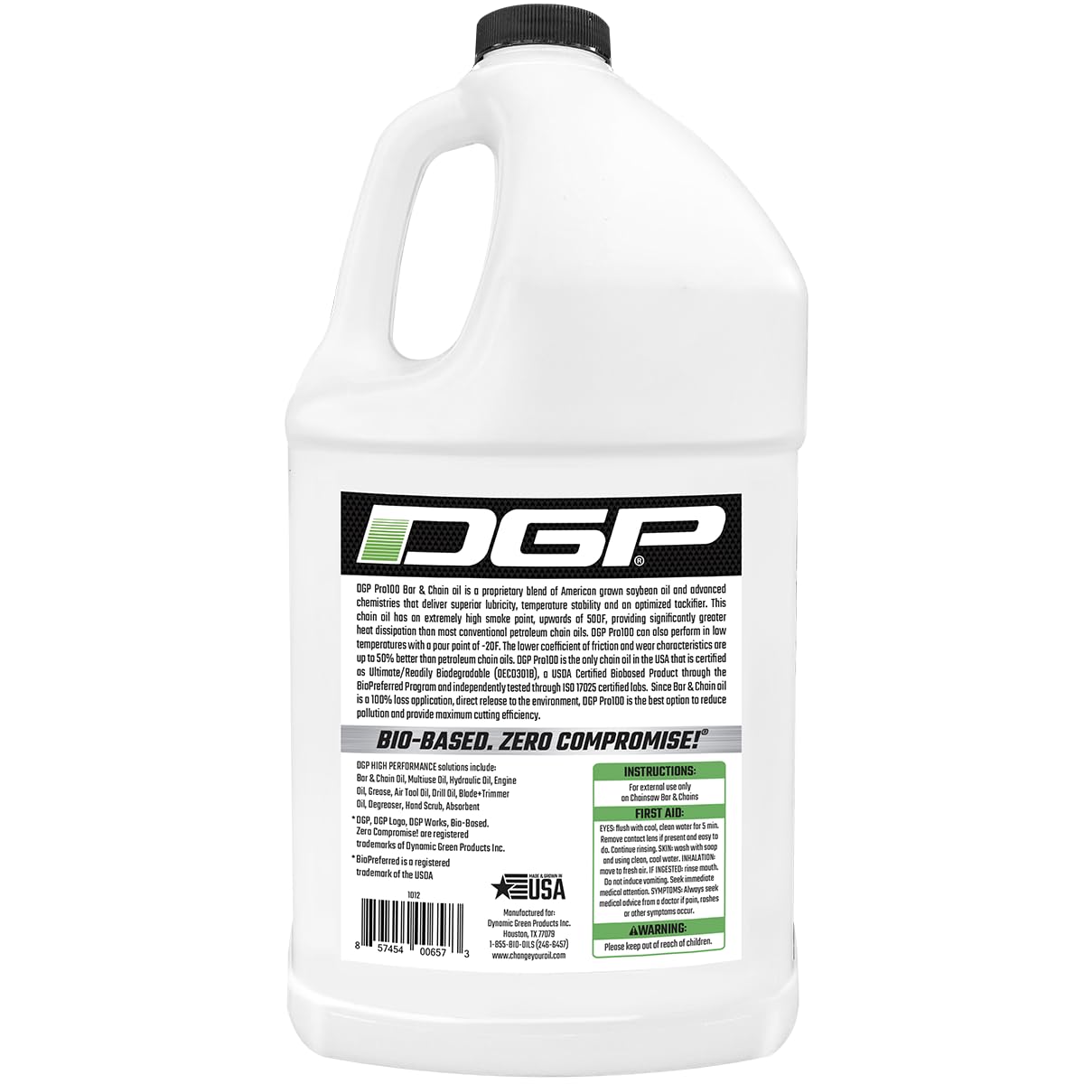DGP Pro100 biodegradable bar oil on a chainsaw in action, smooth operation in tough conditions.