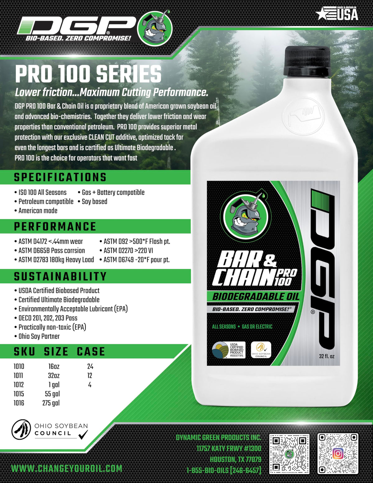 DGP Pro100 oil proudly manufactured in the USA, sustainable bio-based formula for professionals.