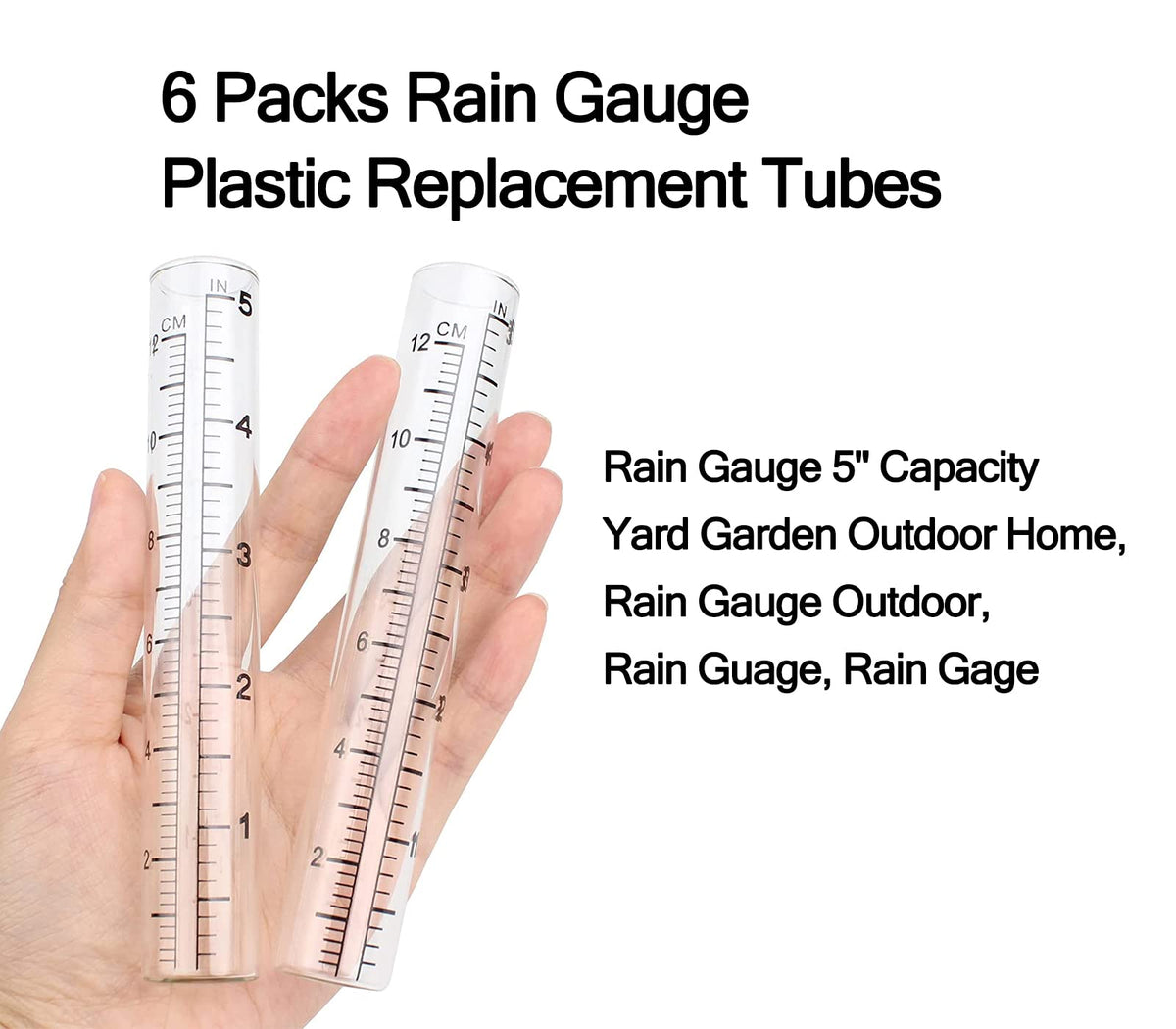 Clear dgudgu plastic rain gauge tubes with easy-to-read 5-inch scale.