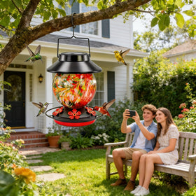Dialan's hummingbird feeder glass reservoir reflects sunlight for garden color
