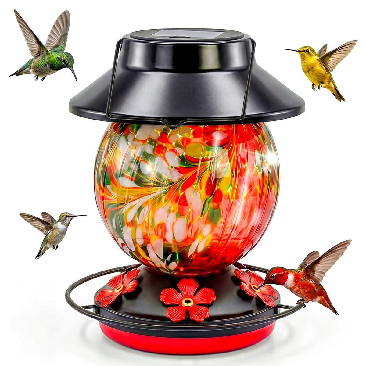 Dialan's solar hummingbird feeder with hand-blown glass reservoir and color glow
