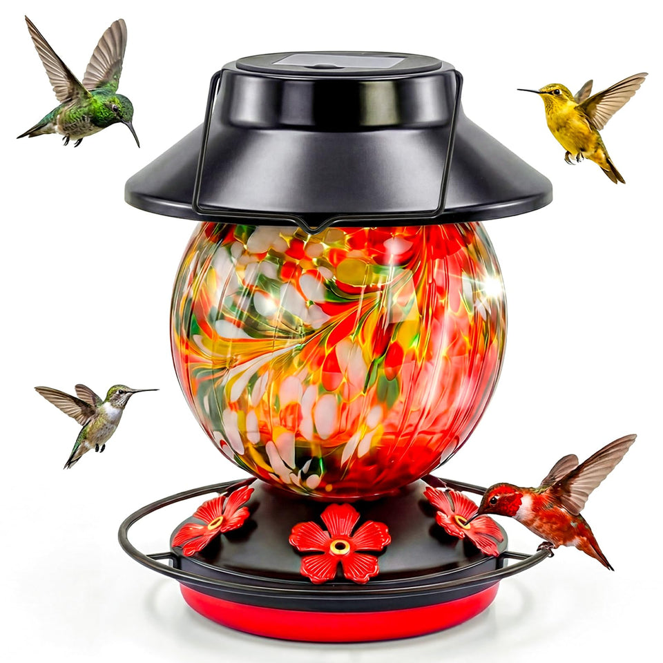 Dialan's solar hummingbird feeder with hand-blown glass reservoir and color glow