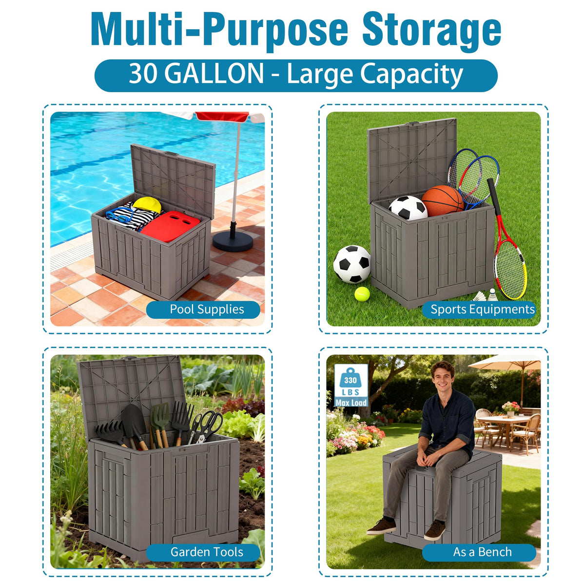 DiamondForge outdoor storage box used as a sturdy backyard seat.
