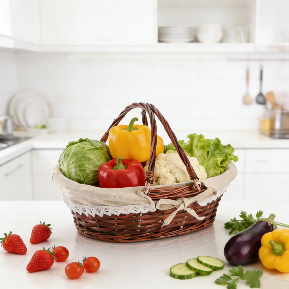 Dicunoy wicker basket in a picnic scene illustrates portable storage for outdoor snacks.