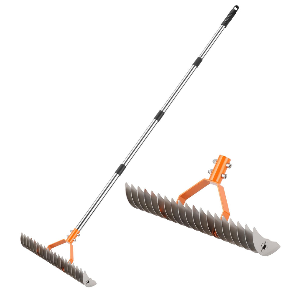DigiGlow 62-inch thatch rake close-up of 19 tines for efficient dethatching