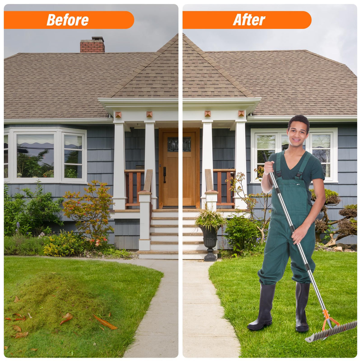 DigiGlow 6-in-1 yard tool in action handling dethatching and debris