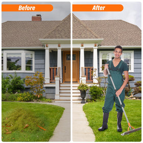 DigiGlow 6-in-1 yard tool in action handling dethatching and debris