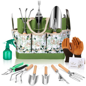 DIGOAKO gardening tools set with floral tote for organized storage.