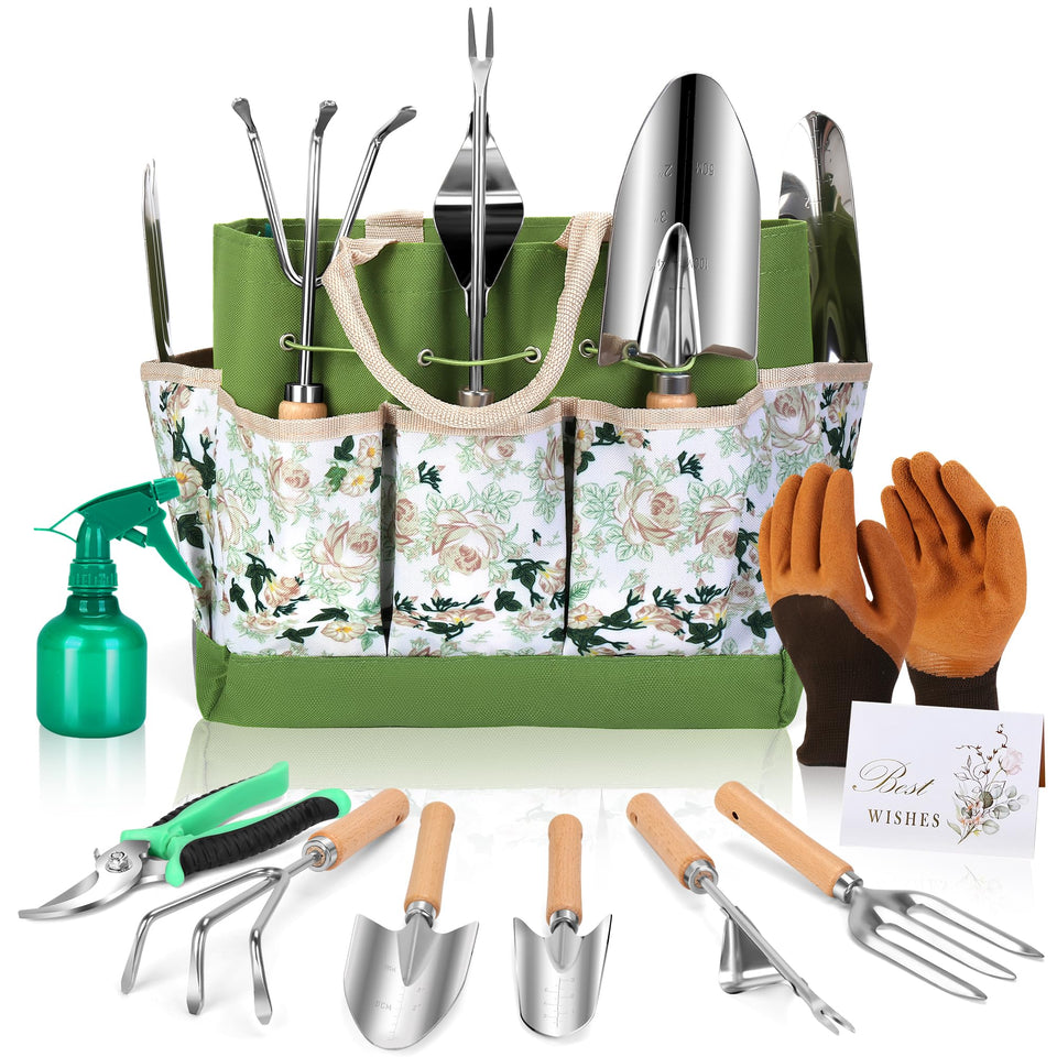 DIGOAKO gardening tools set with floral tote for organized storage.