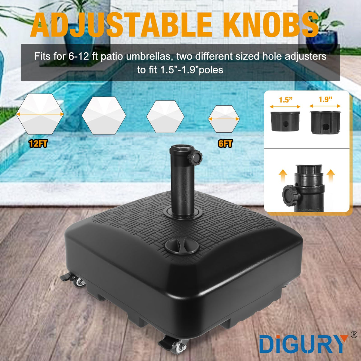 Digury base features built-in handles and storage space.
