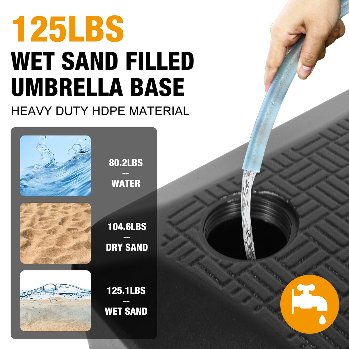 Digury base supports 6 to 12 ft umbrellas for versatility.