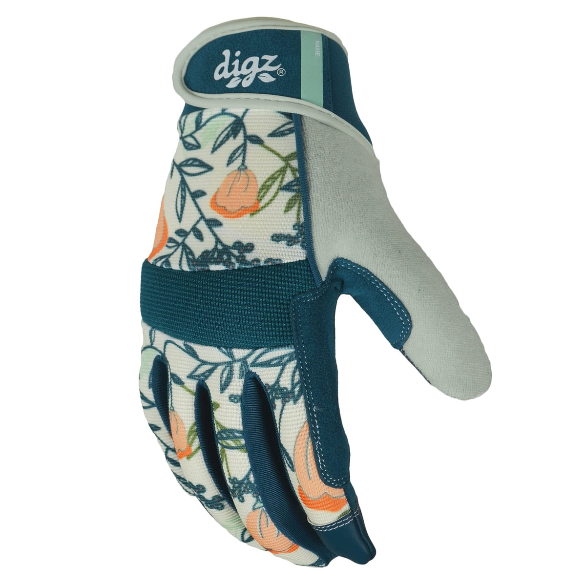 DIGZ Gardener gloves in coral floral pattern provide durable palm protection for gardening.