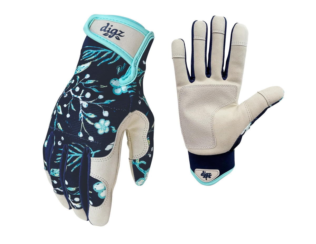DIGZ women's XL outdoor gardener gloves in navy blue with abrasion-resistant palm and knuckle padding