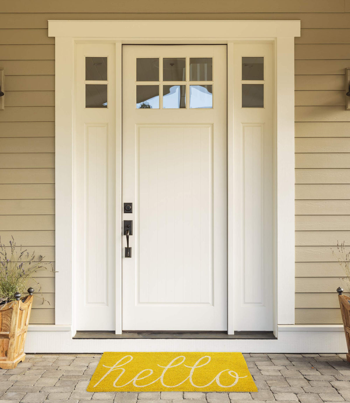 DII Hello coir doormat texture closeup reveals natural fibers and durability.