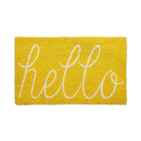 DII Hello coir doormat on yellow front porch for wiping shoes.