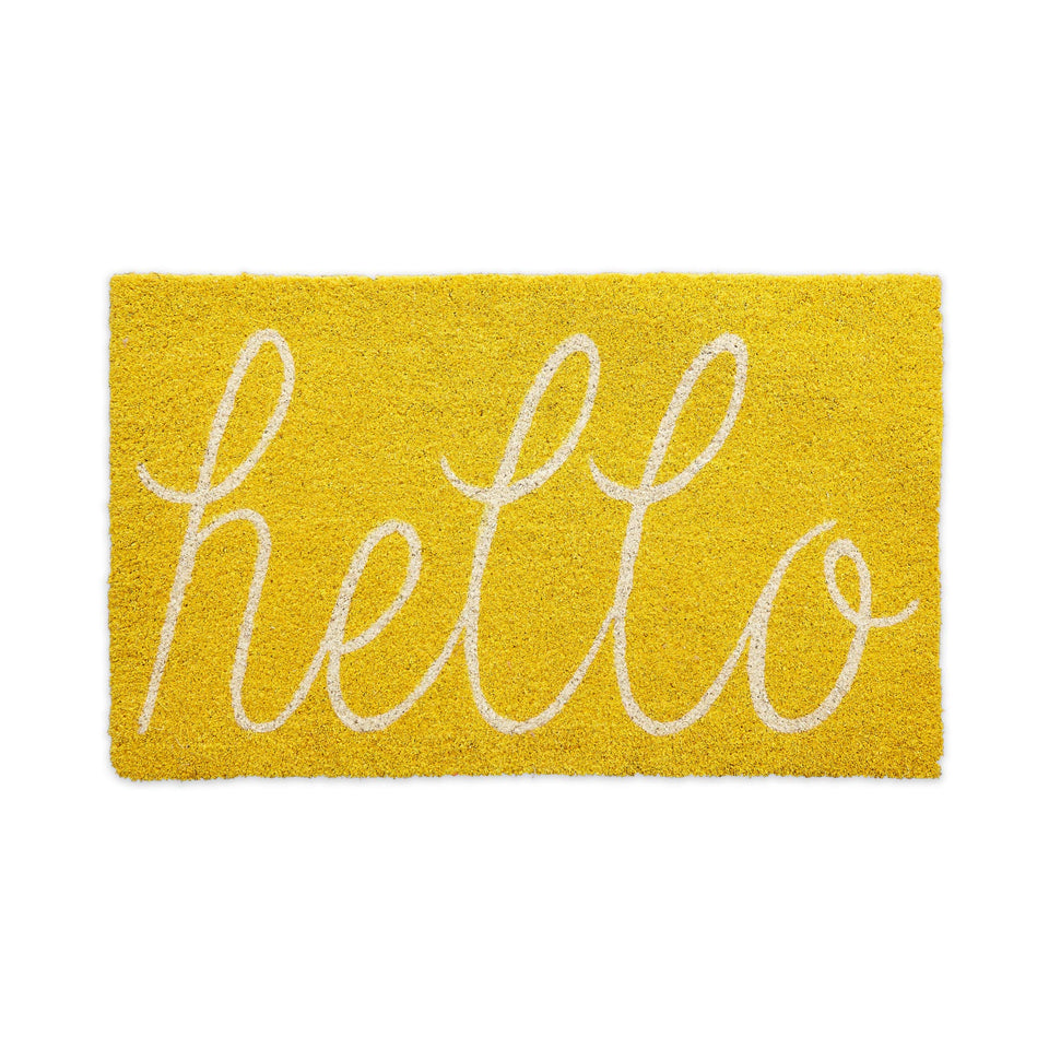 DII Hello coir doormat on yellow front porch for wiping shoes.