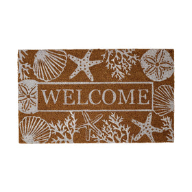 DII seashells doormat on front porch with effective dirt scraping.