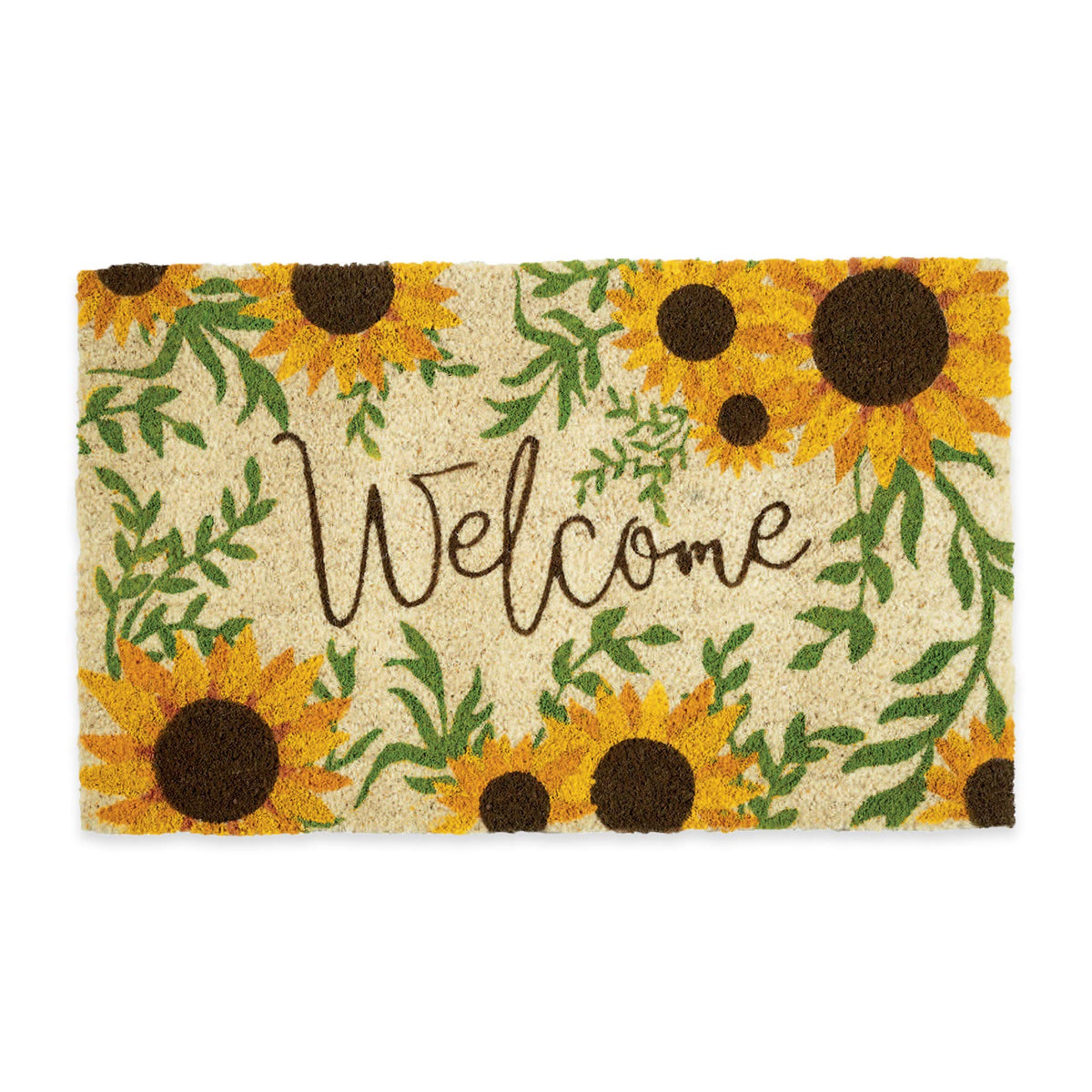 DII natural coir doormat with sunflower design at the front door for dirt scraping