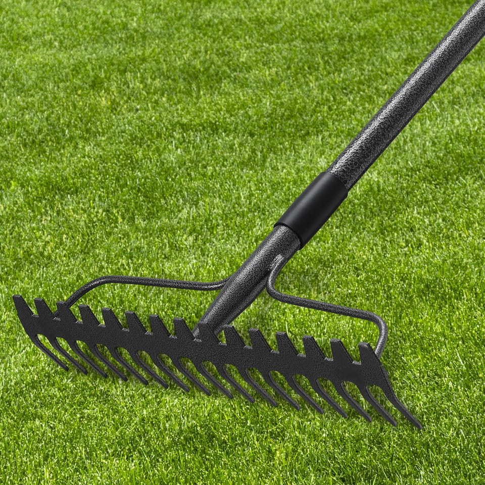 DIIG 63-inch bow rake with 17 tines and stainless steel handle for soil loosening.