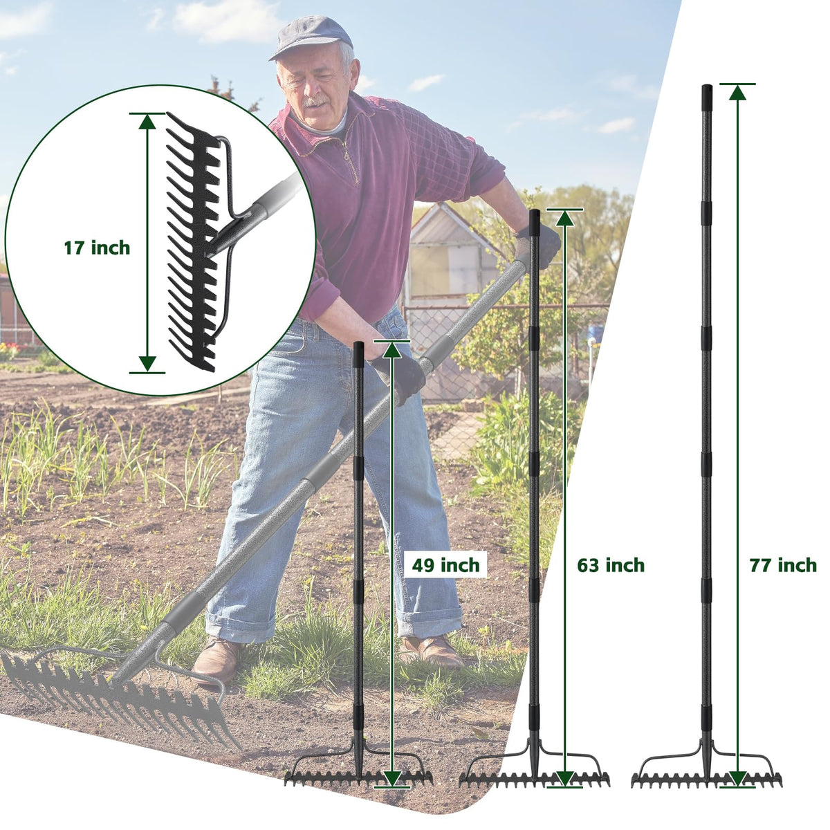DIIG heavy-duty garden rake in action on compacted soil.