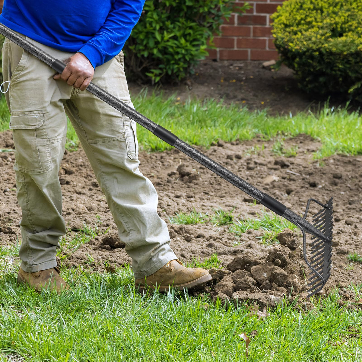 DIIG 63-inch rake levels soil and spreads mulch evenly.