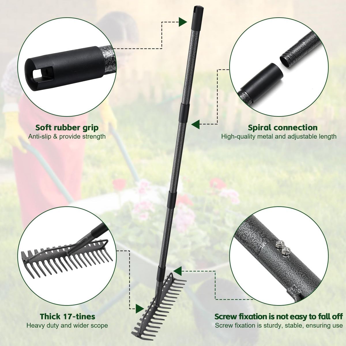 DIIG heavy-duty garden rake with rust-resistant coating handles leaves and debris.