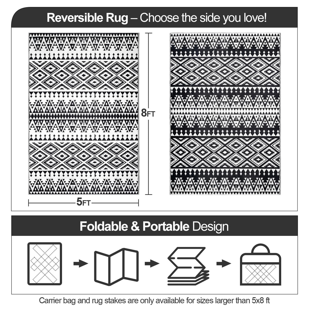 DiiKoo reversible boho rug showing two patterns for porch or RV use