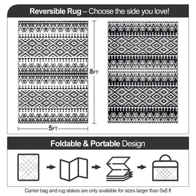 DiiKoo reversible boho rug showing two patterns for porch or RV use