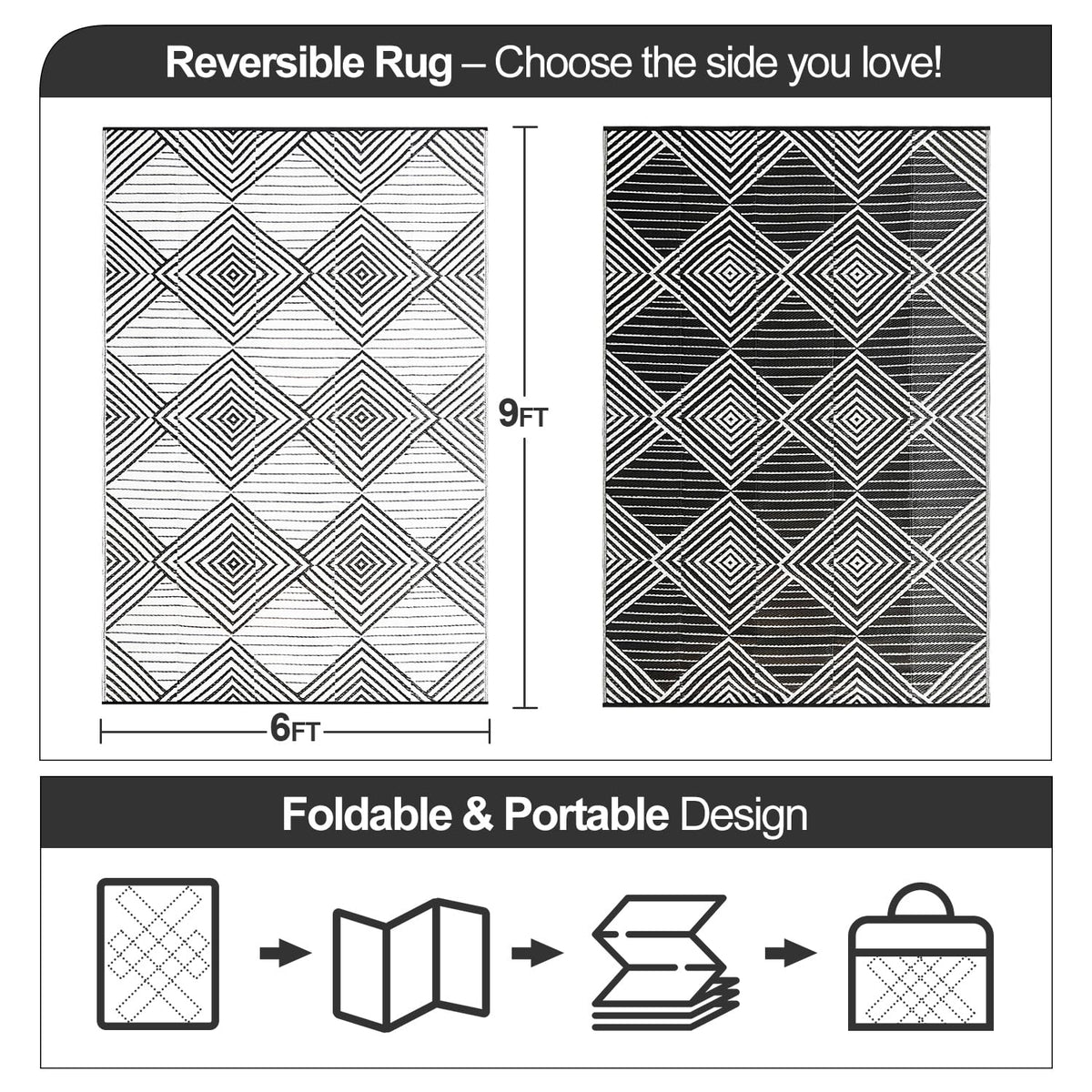 DiiKoo rug showing double-sided geometry pattern for two looks.