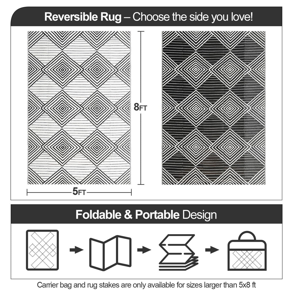 DiiKoo foldable outdoor rug with carry bag for easy travel and camping.