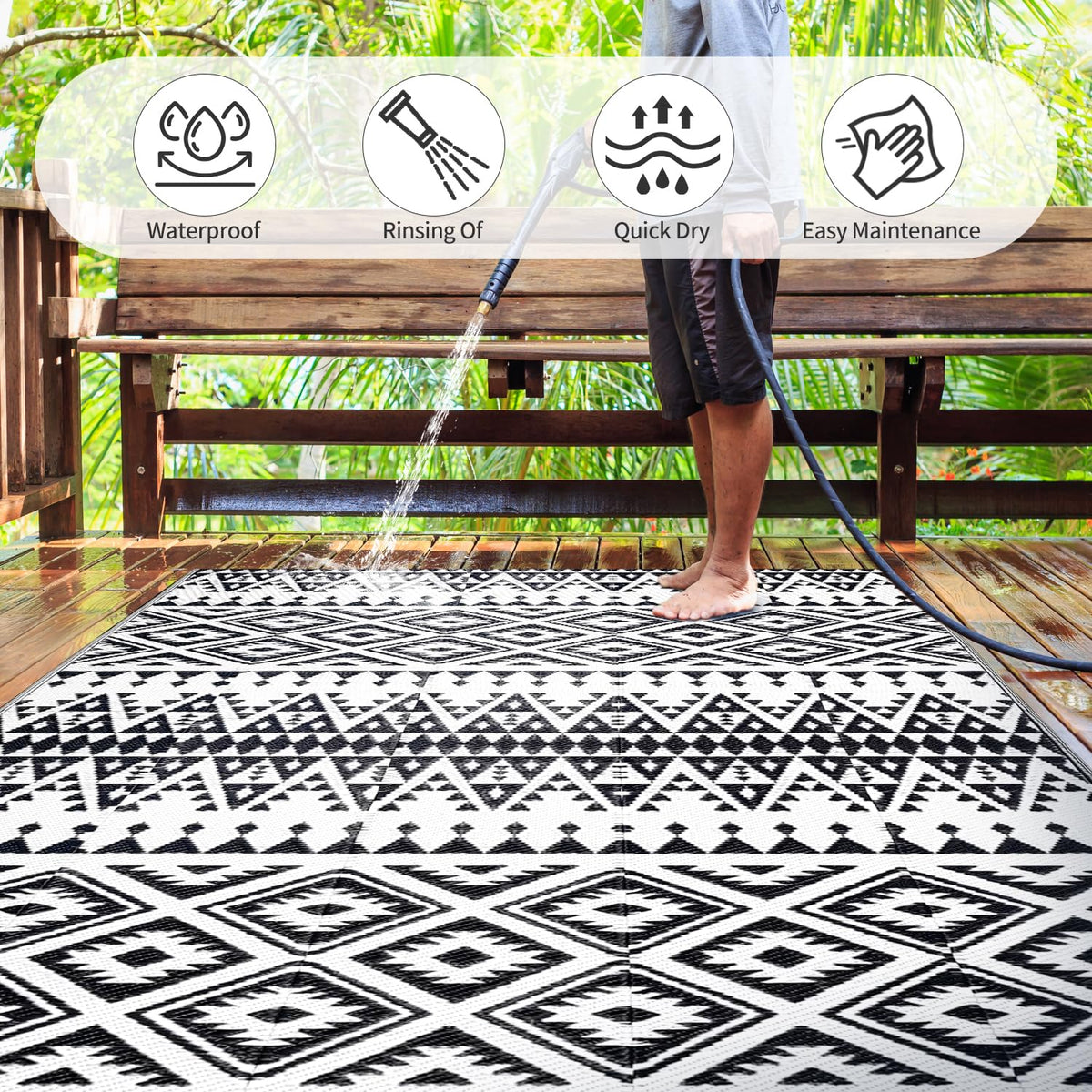 DiiKoo UV-stabilized polypropylene rug built to endure sun and weather