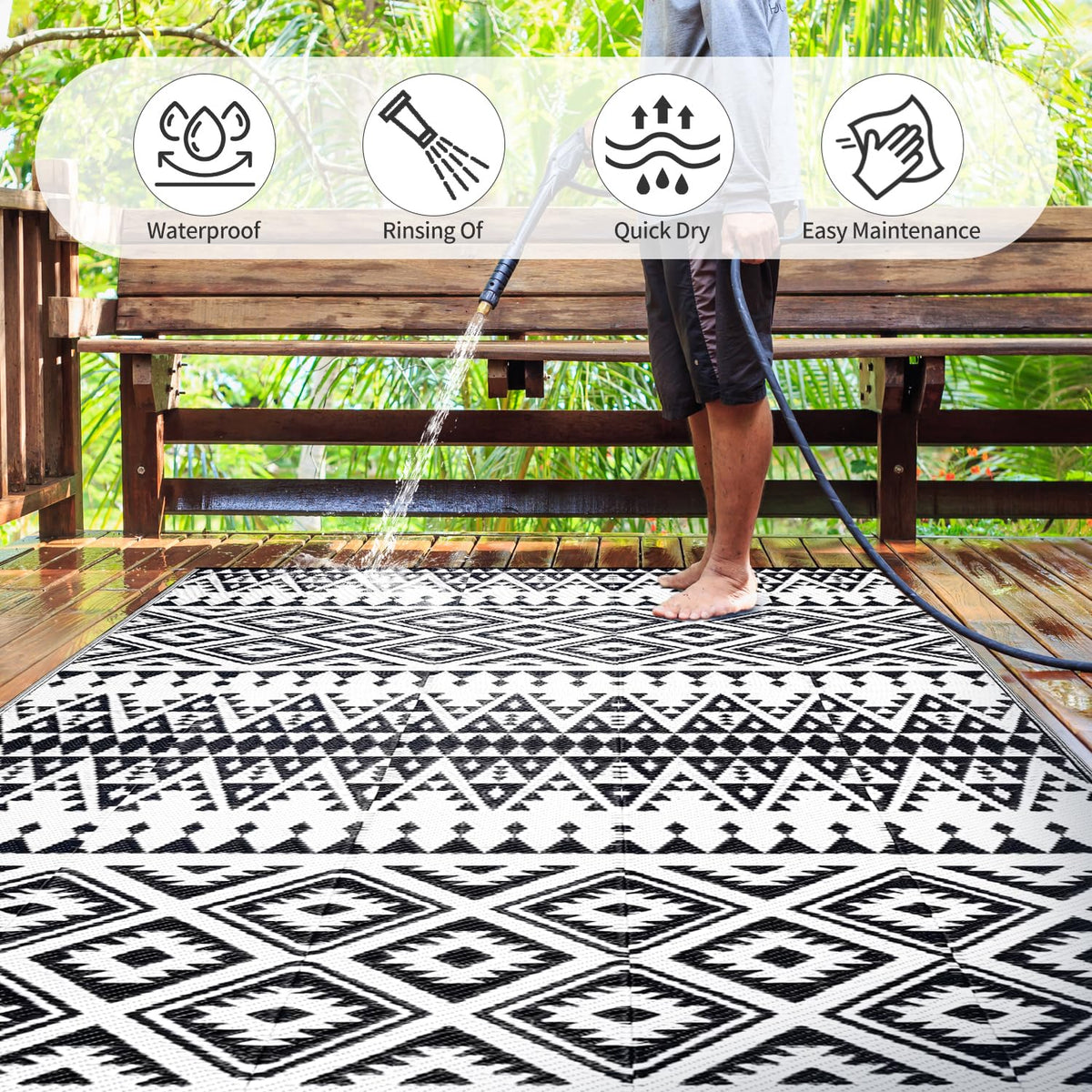 DiiKoo UV-stabilized polypropylene rug resists fading in sun and rain.