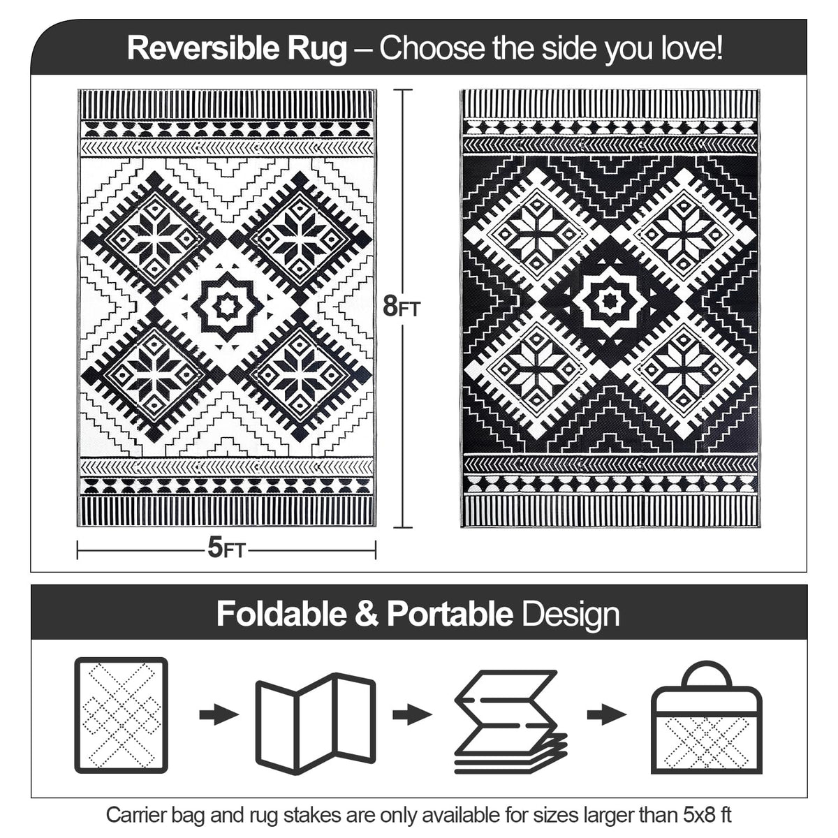 DiiKoo 5x8ft rug for RV camping, lightweight and easy to roll.