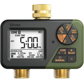 Diivoo brass sprinkler timer 2-zone front view with clear display for easy scheduling