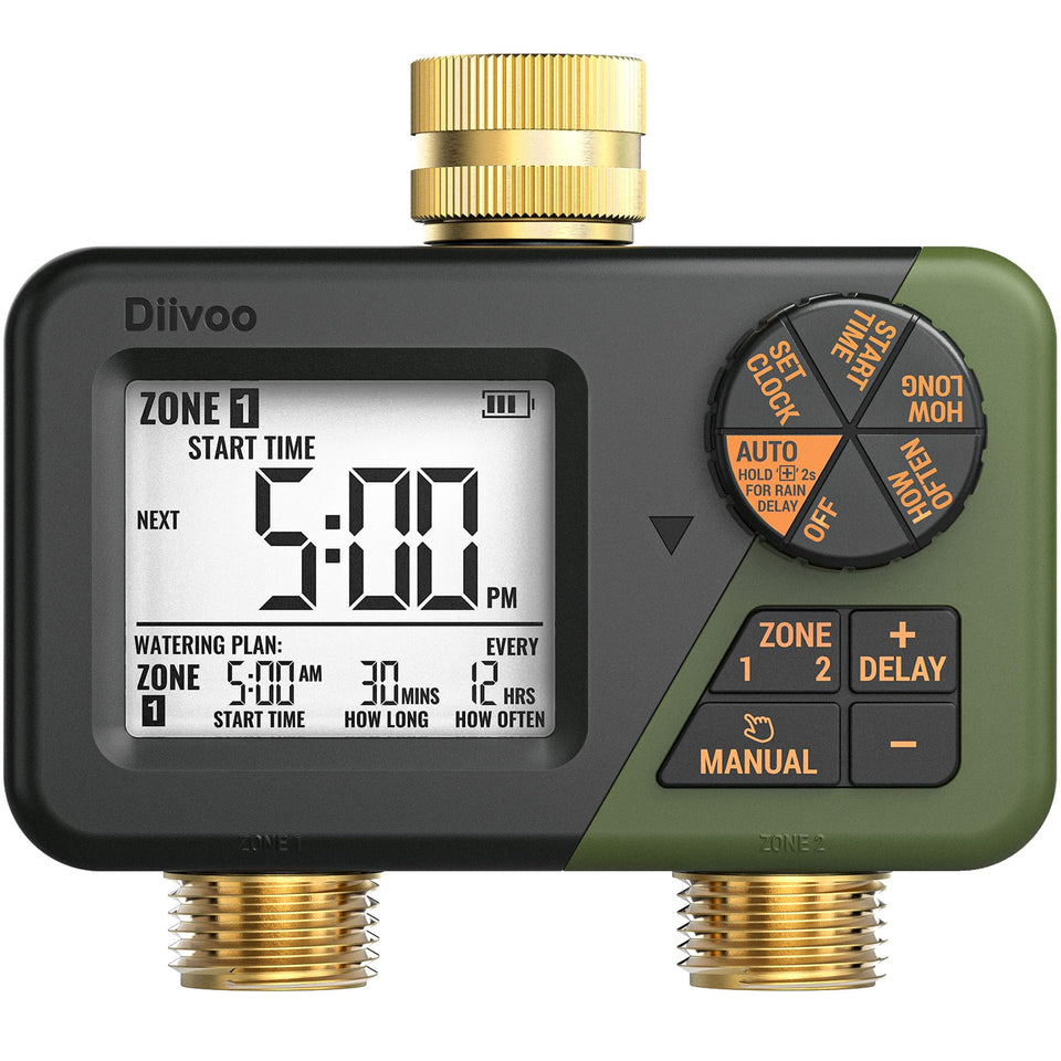 Diivoo brass sprinkler timer 2-zone front view with clear display for easy scheduling