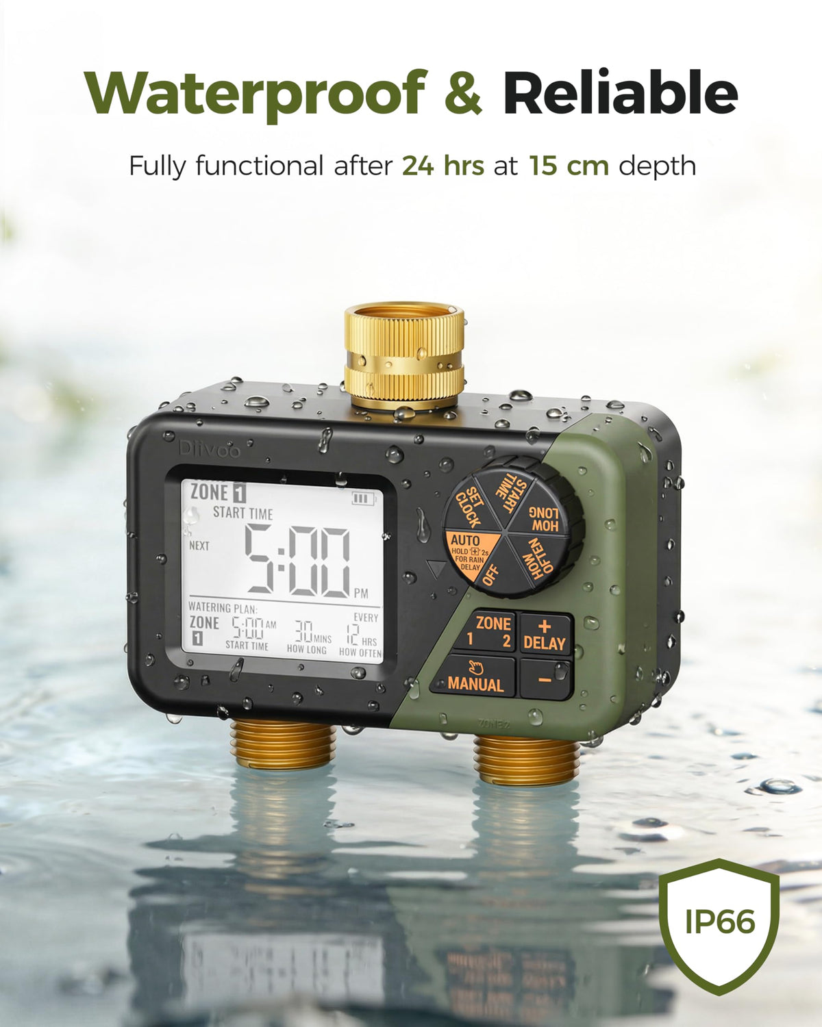 Rain Delay feature on Diivoo 2-zone timer helps conserve water