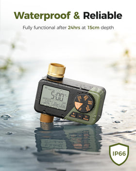 Timer mounted on hose showing easy outdoor irrigation control