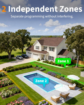Two independent zones irrigating lawn and flower beds