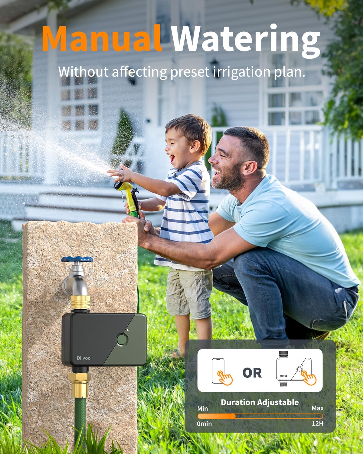 Diivoo Brass WiFi Water Timer app control demonstrates smart, remote watering management.