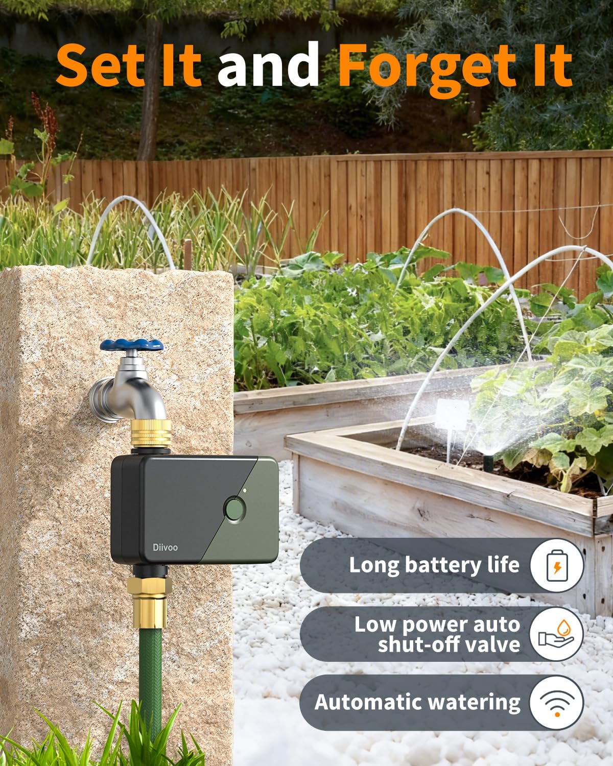 Diivoo Brass WiFi Water Timer battery compartment ready for long outdoor use.