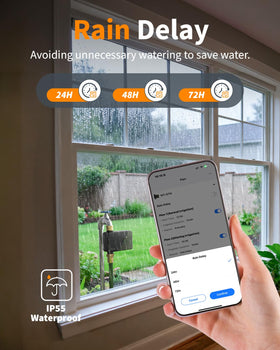 Diivoo Brass WiFi Water Timer showcasing irrigation modes for lawns and misting.
