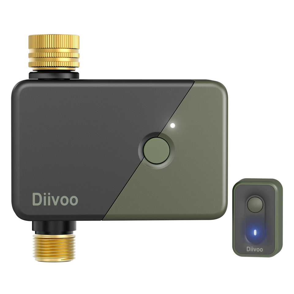 Diivoo Brass WiFi Water Timer shows sturdy physical setup for reliable hose connections.