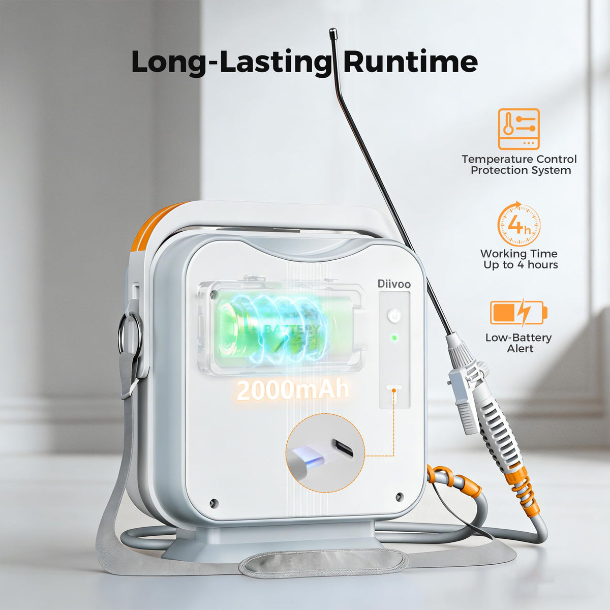 Fully charged Diivoo 2000mAh battery powering extended spraying sessions