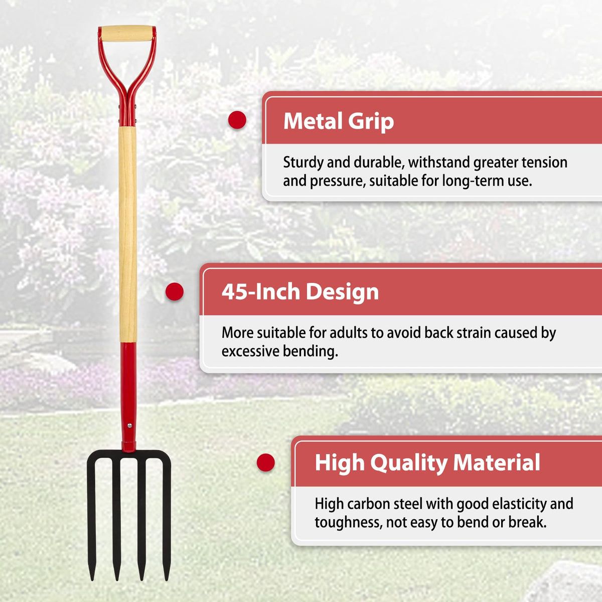 Dikuyeel 45-inch garden fork offers comfortable reach for adults.