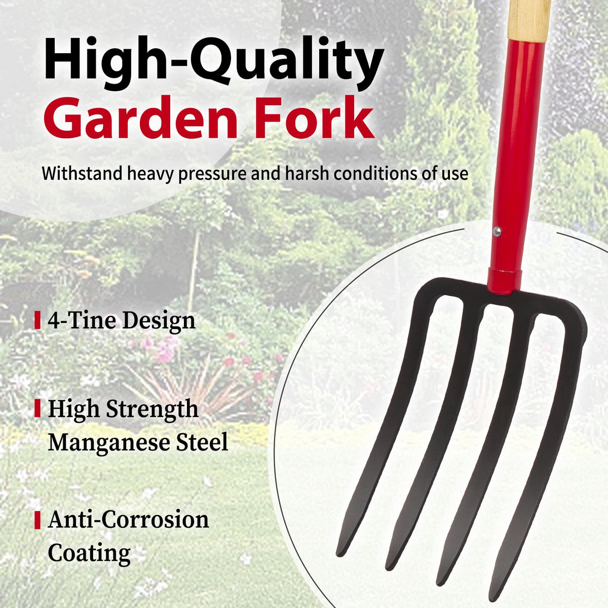 Dikuyeel pitch fork with wooden handle provides ergonomic grip during gardening.