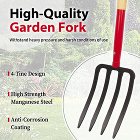 Dikuyeel pitch fork with wooden handle provides ergonomic grip during gardening.