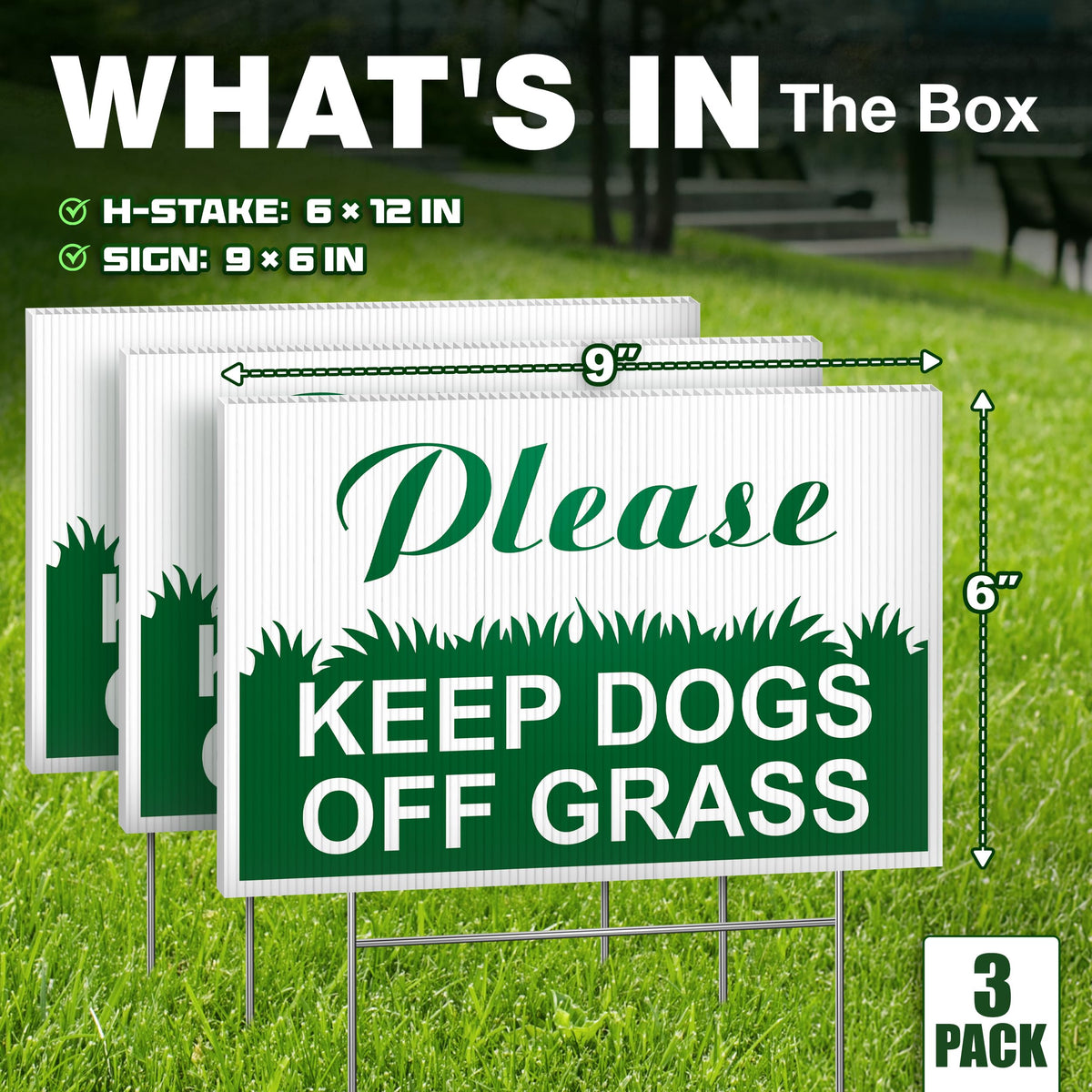 Dimarongton keep-dogs-off-grass sign back view; visible to pedestrians approaching the yard.