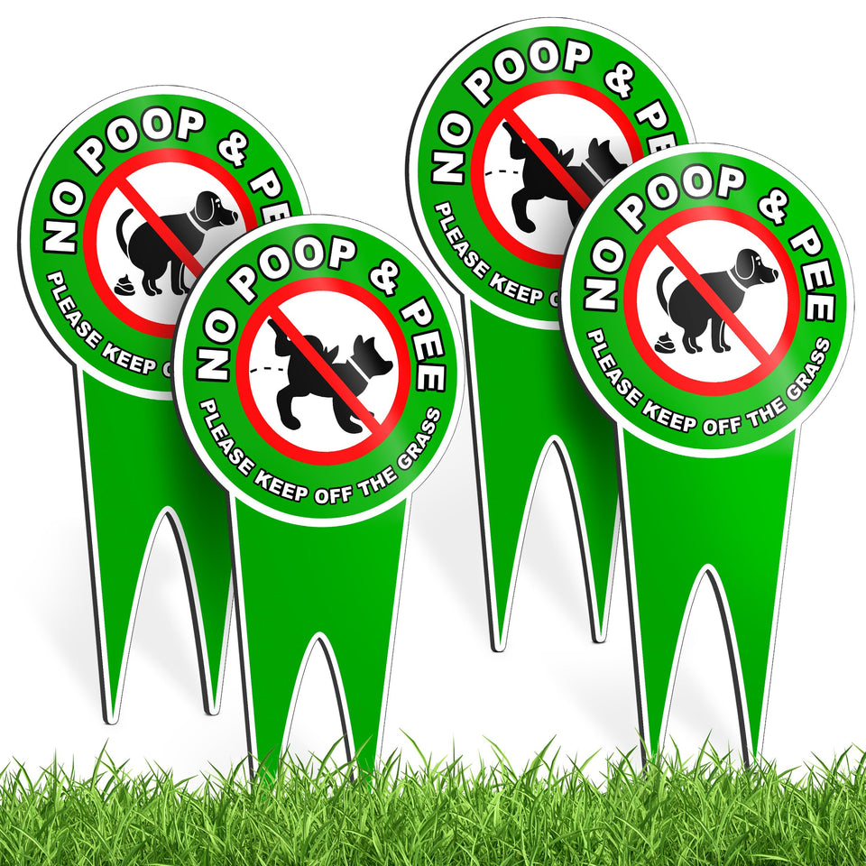 DIMARONGTON keep-off-grass sign on stake clearly showing no dogs allowed.