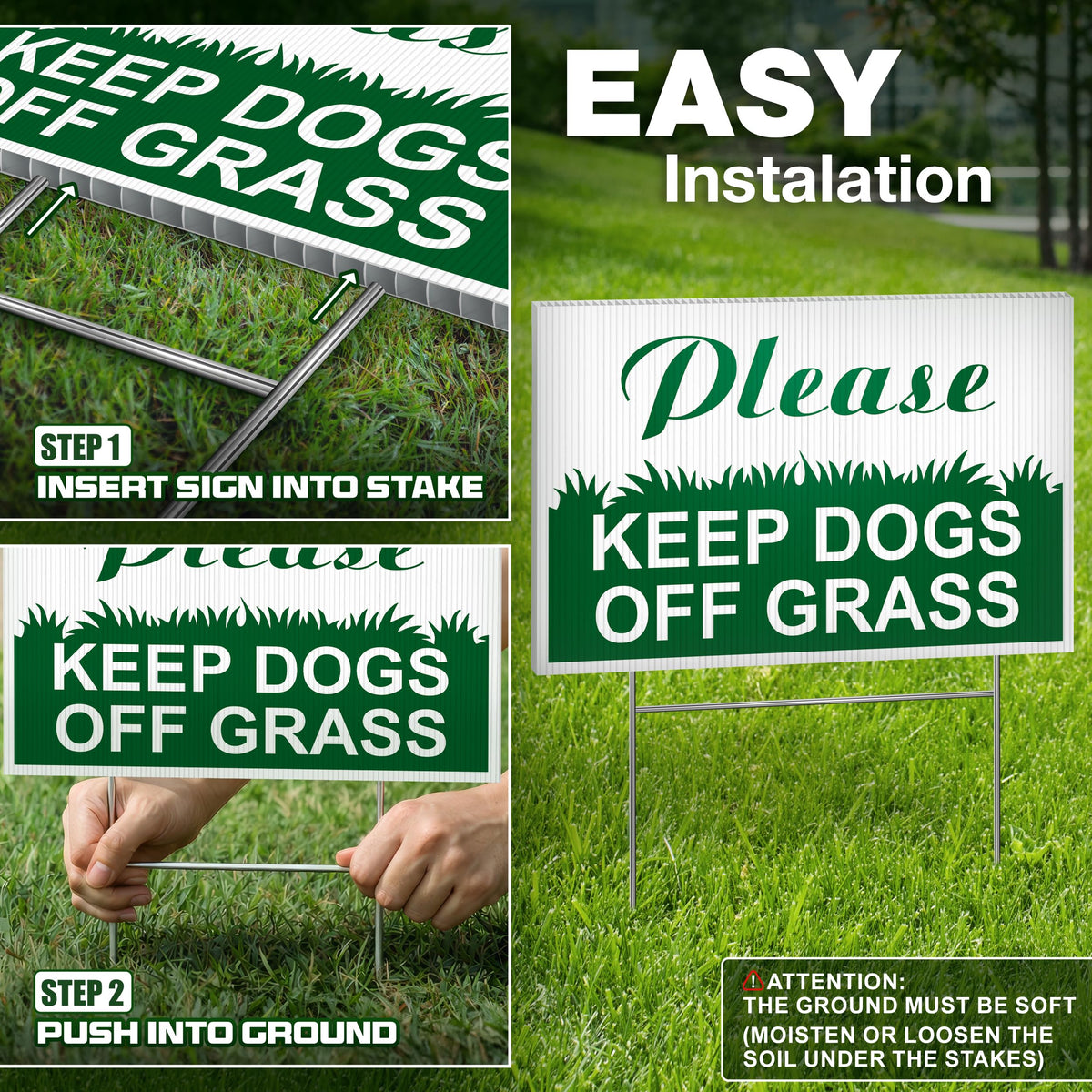 Dimarongton-metal-h-stakes enable quick installation in soil and grass.